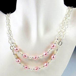 Pearl, Crystal Pearl, & Sterling 2-Strand Necklace